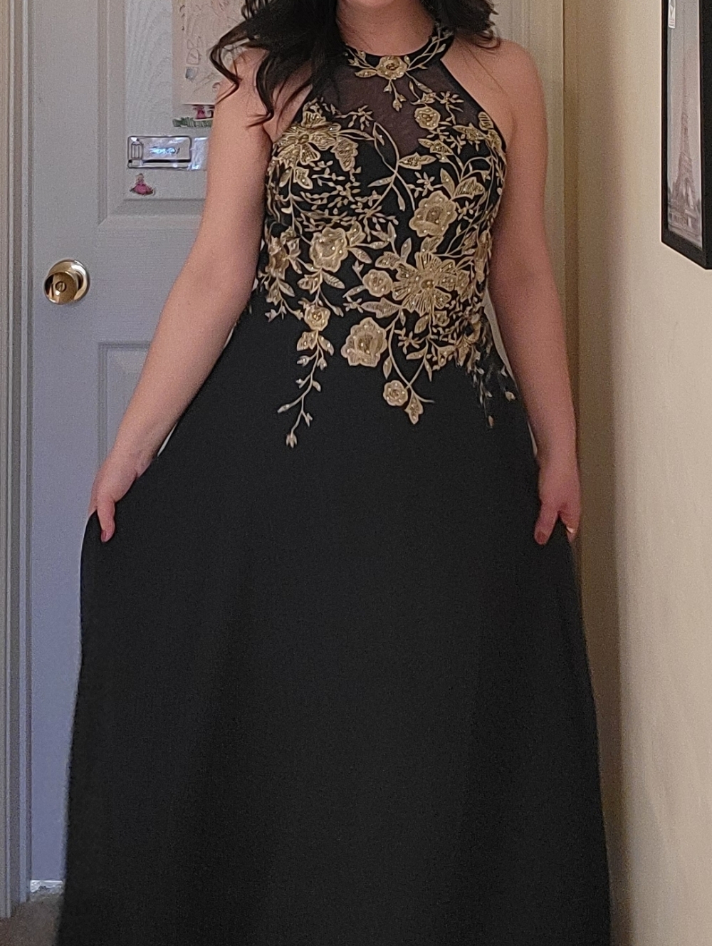 Betsy & Adam Black Halter Gown with Gold Floral Embroidery